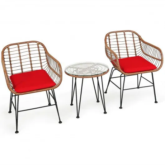 3 Pcs Patio Rattan Bistro Set with Cushion-Red