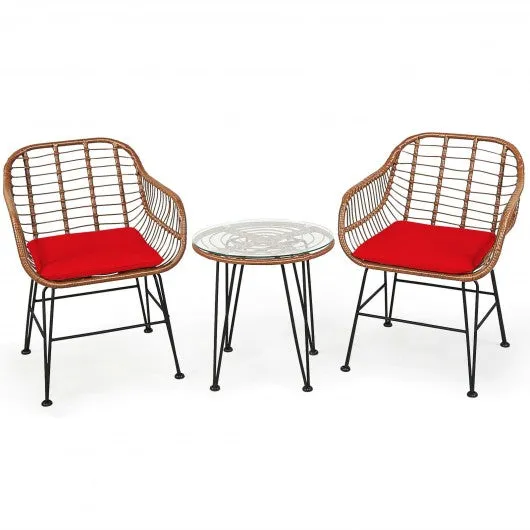 3 Pcs Patio Rattan Bistro Set with Cushion-Red