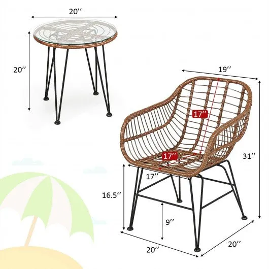 3 Pcs Patio Rattan Bistro Set with Cushion-Red