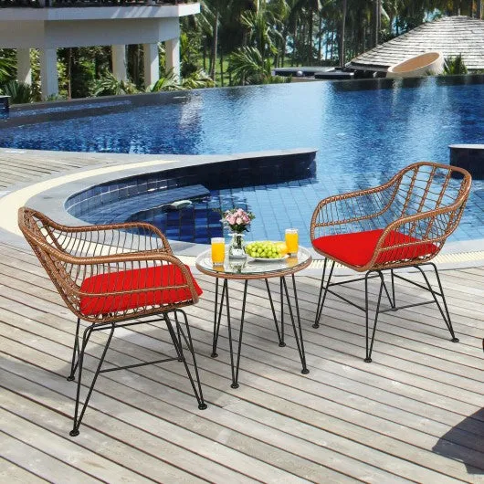 3 Pcs Patio Rattan Bistro Set with Cushion-Red