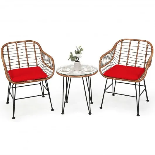 3 Pcs Patio Rattan Bistro Set with Cushion-Red