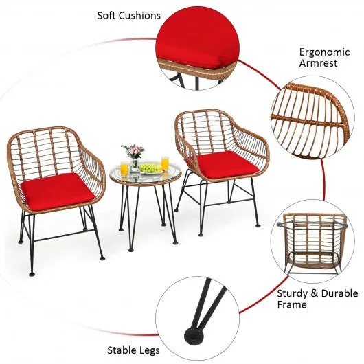 3 Pcs Patio Rattan Bistro Set with Cushion-Red