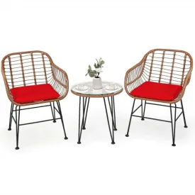 3 Pcs Patio Rattan Bistro Set with Cushion-Red