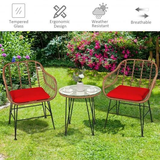 3 Pcs Patio Rattan Bistro Set with Cushion-Red