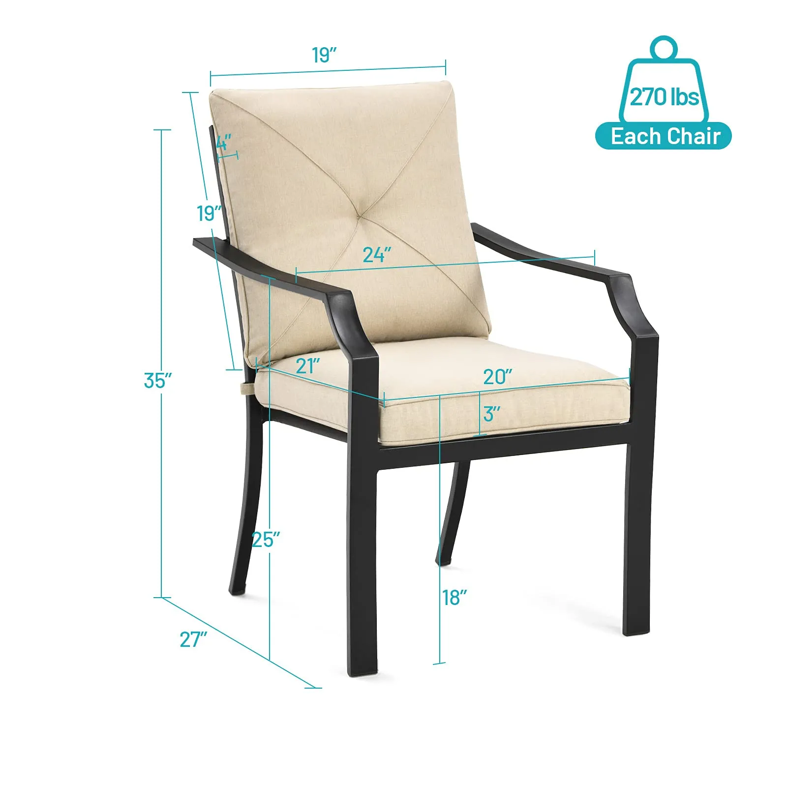 4-Piece Patio Dining Chairs, No Assembly Needs, Cushioned Armchairs with Anti-Rust Steel Frame