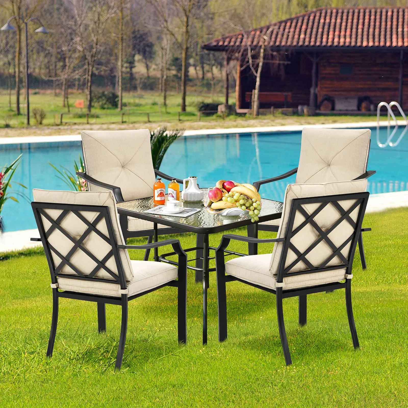 4-Piece Patio Dining Chairs, No Assembly Needs, Cushioned Armchairs with Anti-Rust Steel Frame