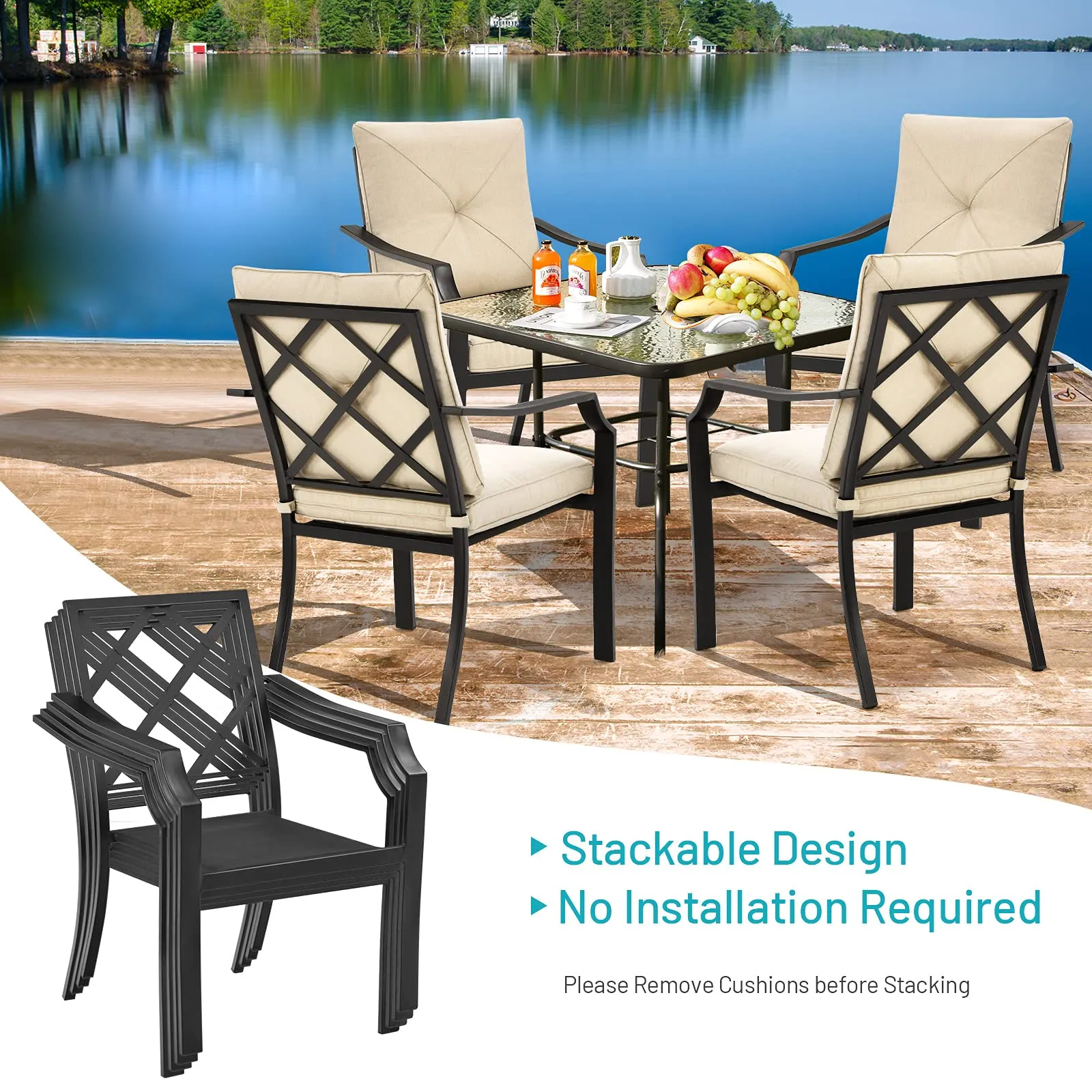 4-Piece Patio Dining Chairs, No Assembly Needs, Cushioned Armchairs with Anti-Rust Steel Frame