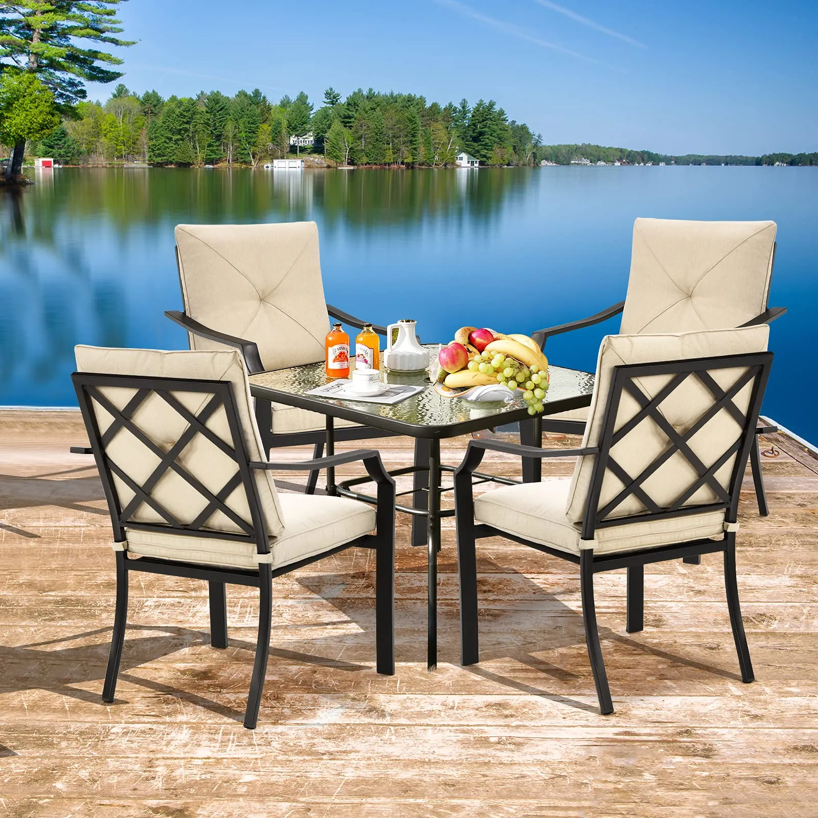 4-Piece Patio Dining Chairs, No Assembly Needs, Cushioned Armchairs with Anti-Rust Steel Frame