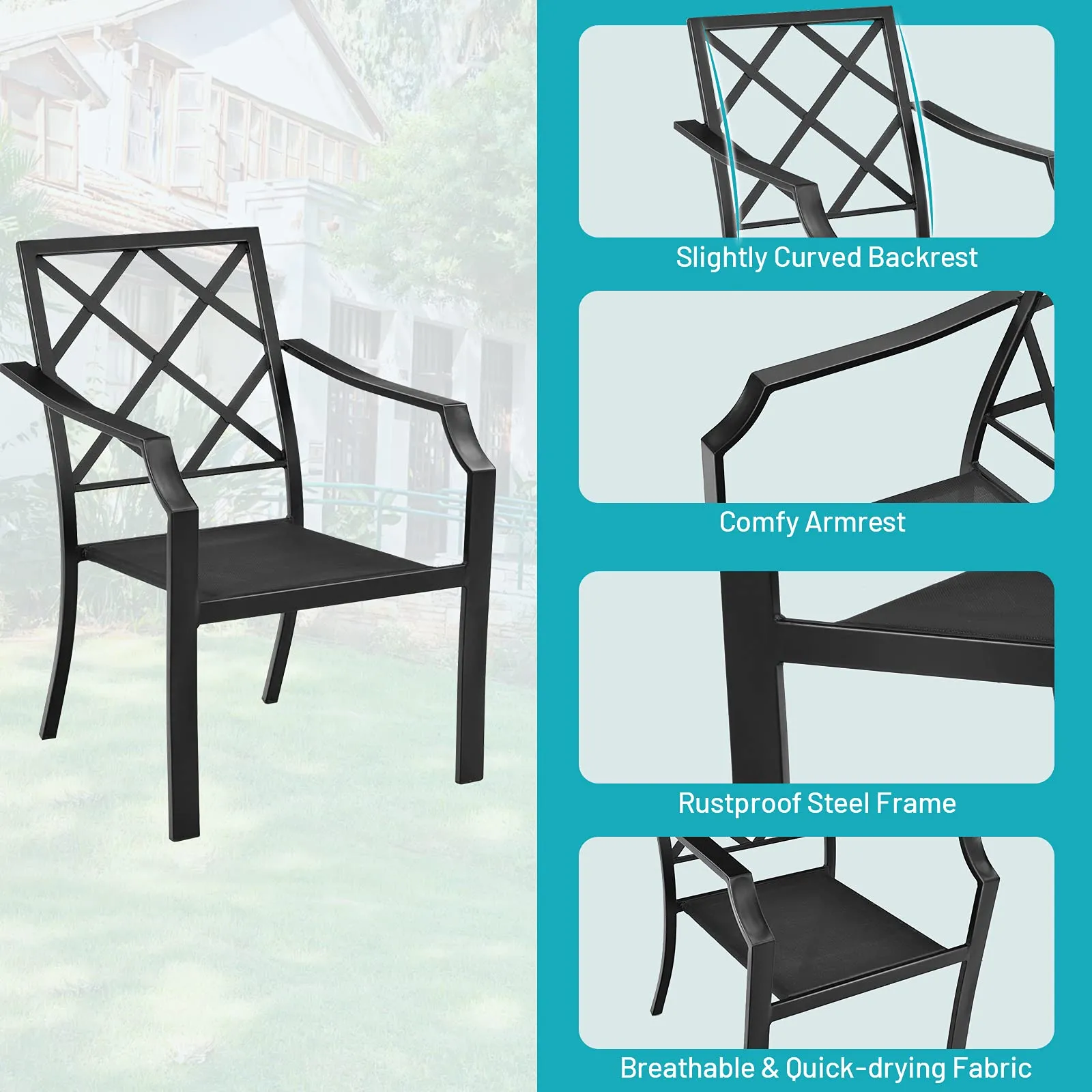 4-Piece Patio Dining Chairs, No Assembly Needs, Cushioned Armchairs with Anti-Rust Steel Frame