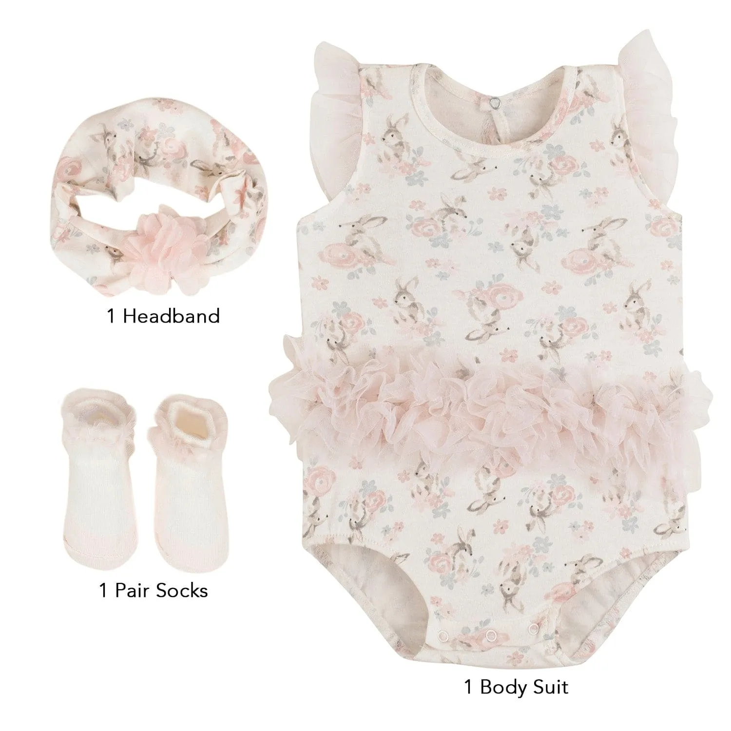 Baby Moo Floral Gift Set 3 Piece With Bodysuit, Socks And Headband - Peach