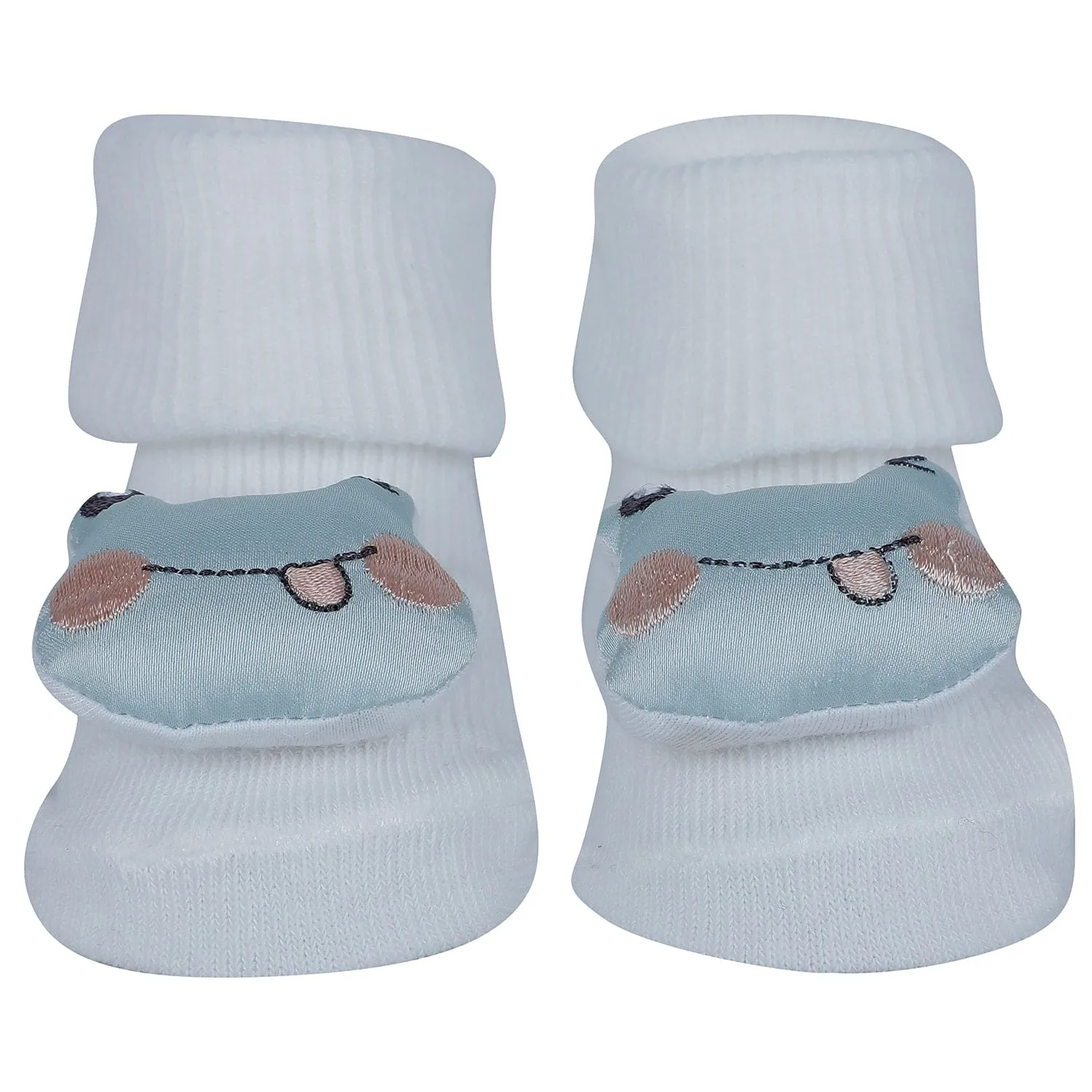 Baby Moo Fox Frog 3D Rattle Anti-Skid Socks Booties Pack of 3 - Blue