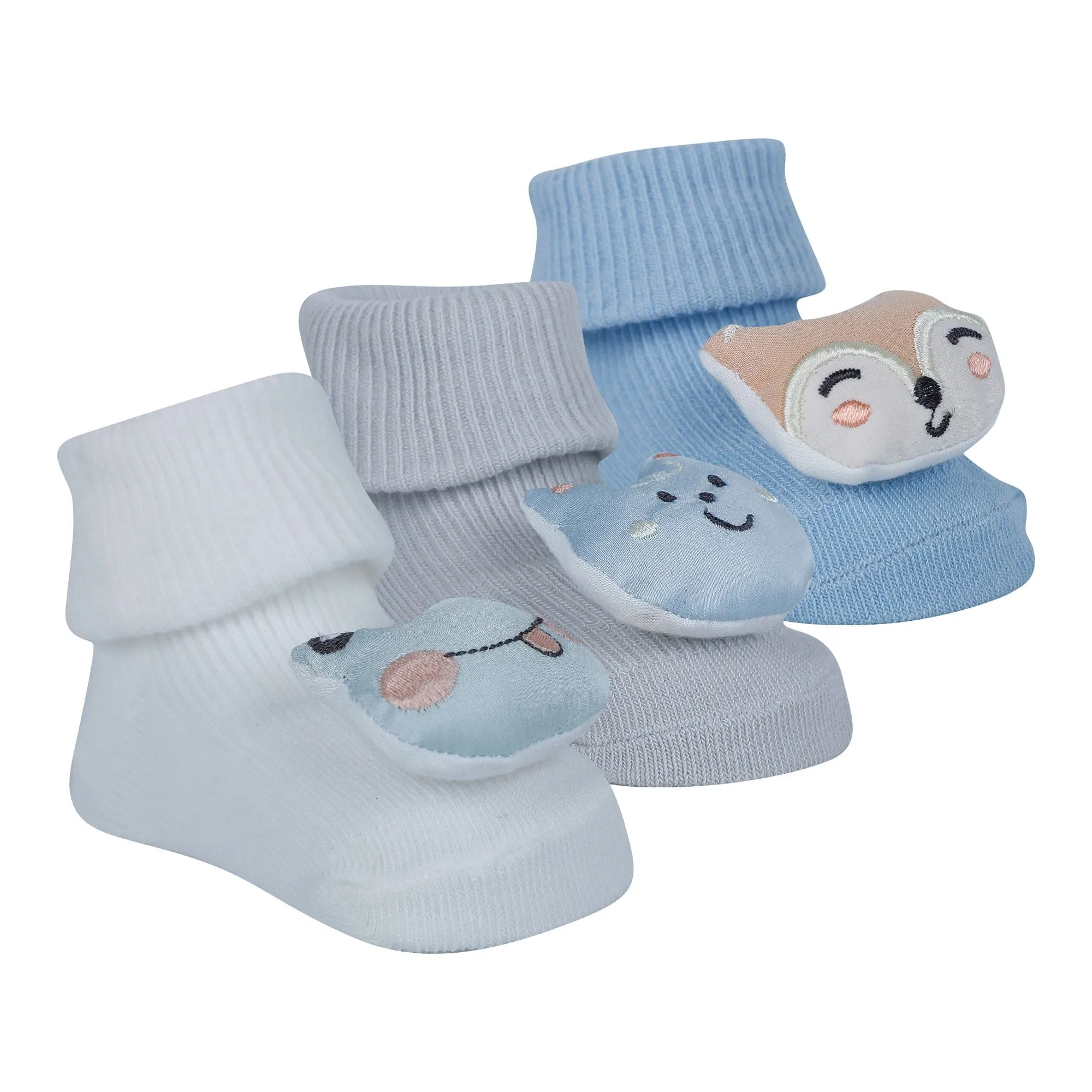 Baby Moo Fox Frog 3D Rattle Anti-Skid Socks Booties Pack of 3 - Blue