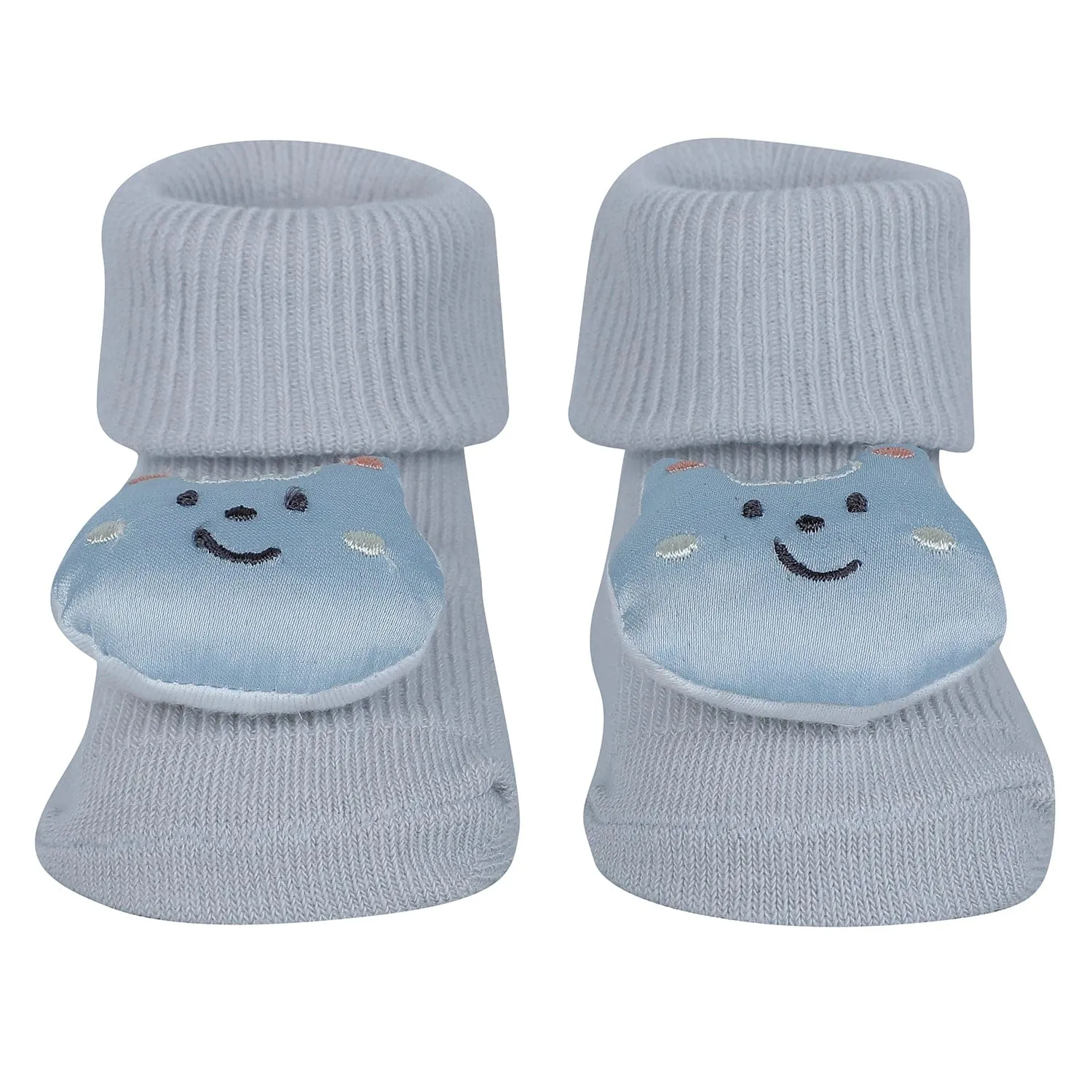 Baby Moo Fox Frog 3D Rattle Anti-Skid Socks Booties Pack of 3 - Blue