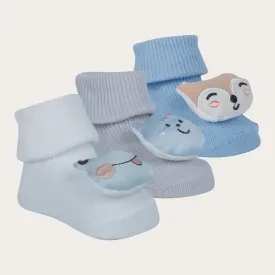 Baby Moo Fox Frog 3D Rattle Anti-Skid Socks Booties Pack of 3 - Blue