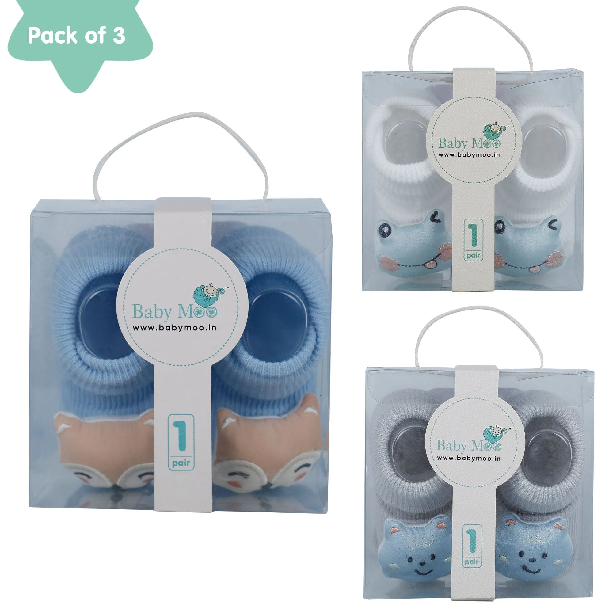 Baby Moo Fox Frog 3D Rattle Anti-Skid Socks Booties Pack of 3 - Blue