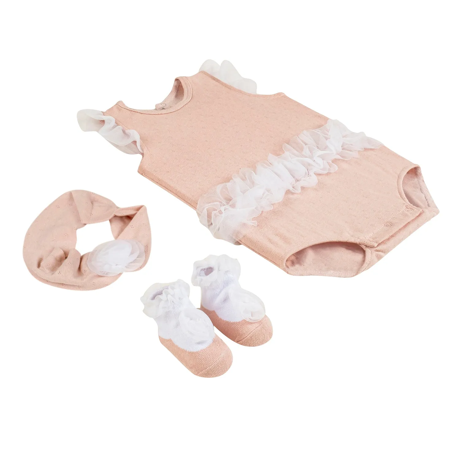 Baby Moo Little Frilly Princess Gift Set 3 Piece With Bodysuit, Socks And Headband - Peach