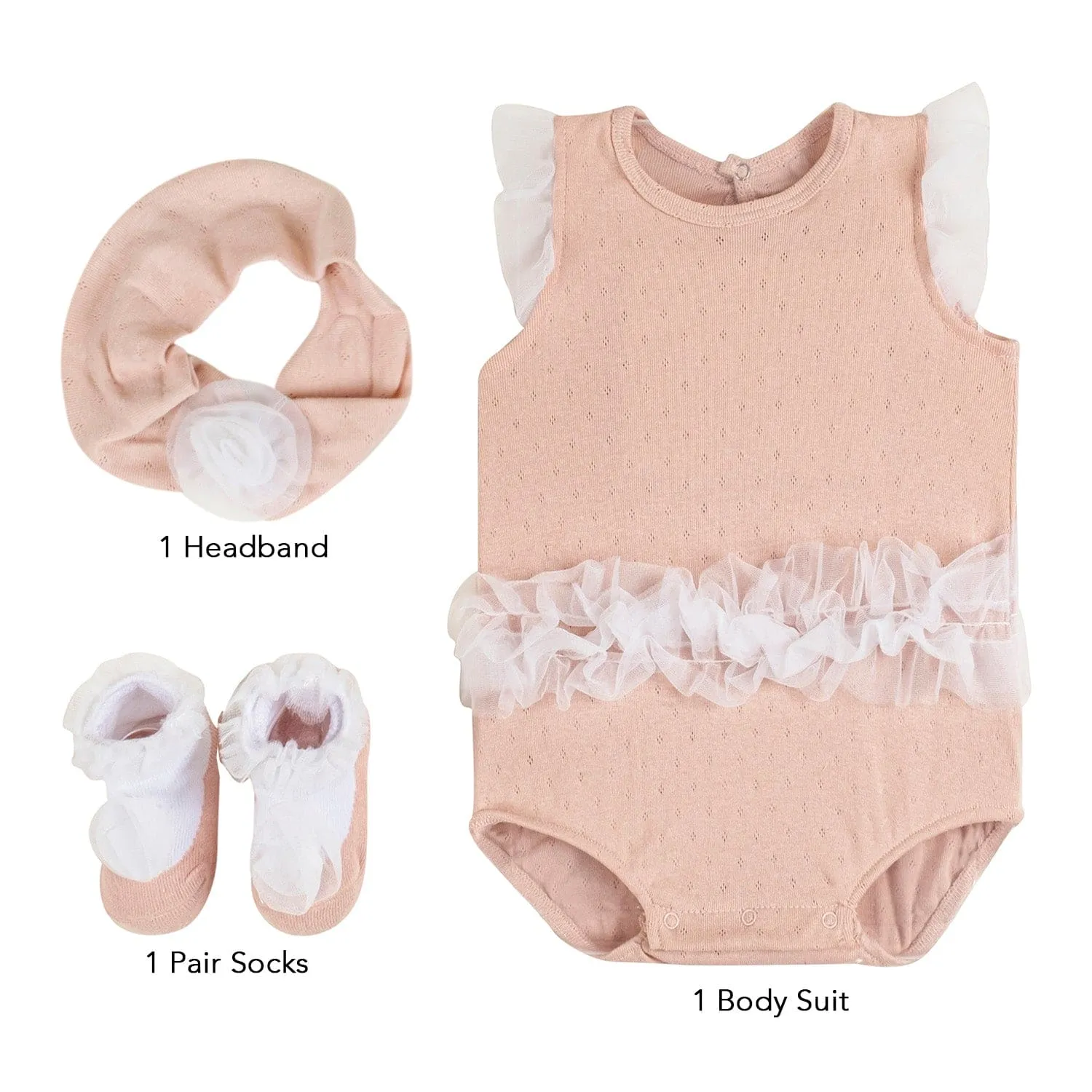 Baby Moo Little Frilly Princess Gift Set 3 Piece With Bodysuit, Socks And Headband - Peach