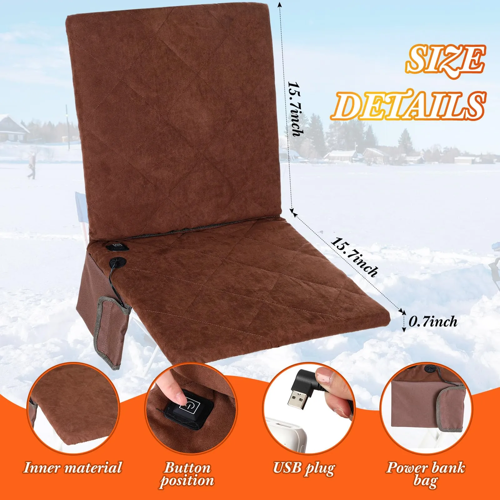 Barydat 4 Pieces Portable Heated Seat Cushion 3 Mode Adjustable Folding Heated Camping Chair Cushion USB Powered Back Heated Chair Pad with Pocket for Winter Outdoor Sports Camping Fishing Picnic