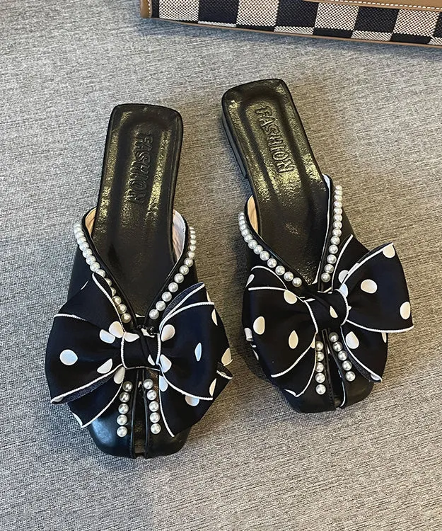 Black Bow Nail Bead French Splicing Slide Sandals XC1049