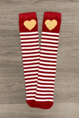 Burgundy & White Stripe Heart Socks