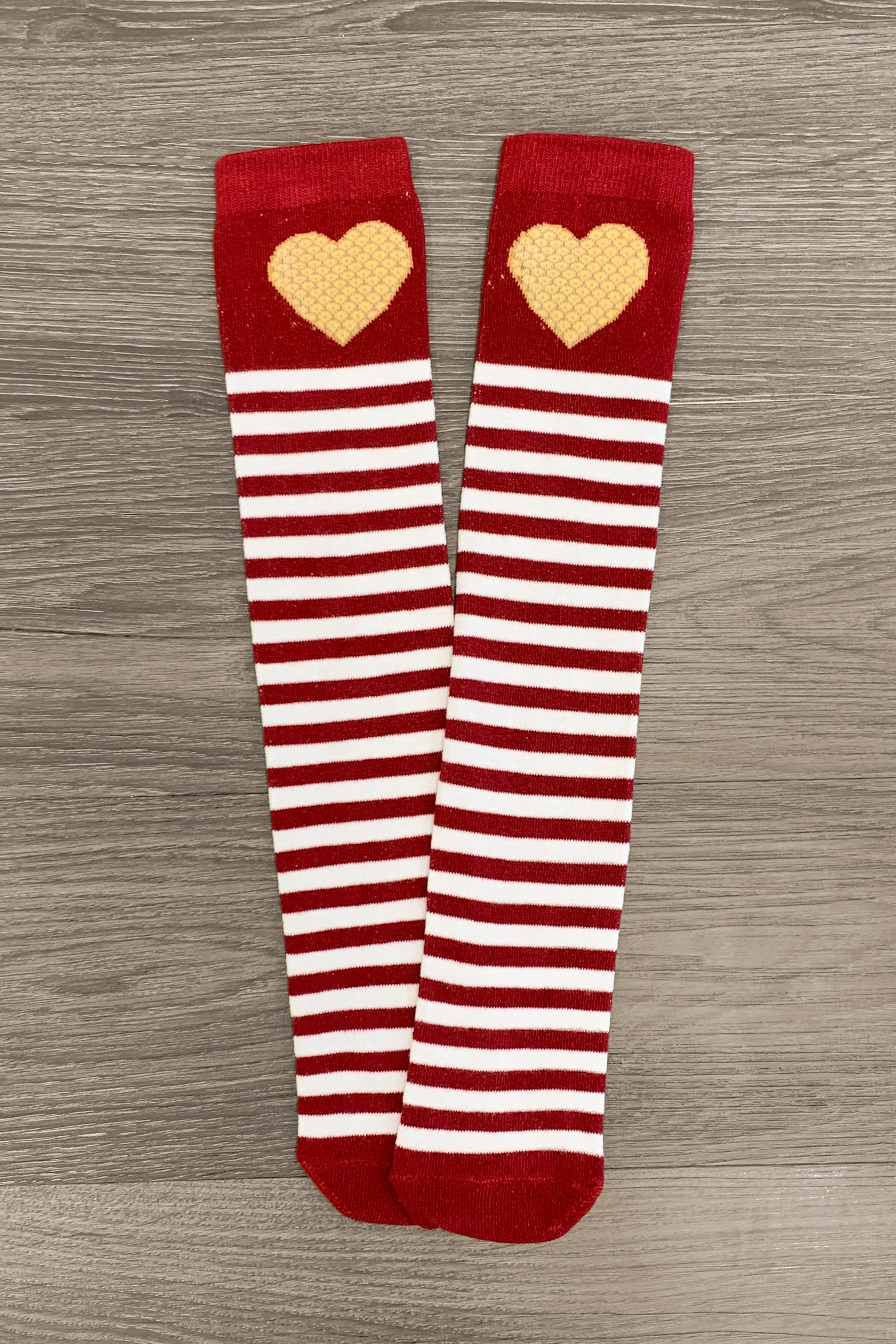 Burgundy & White Stripe Heart Socks