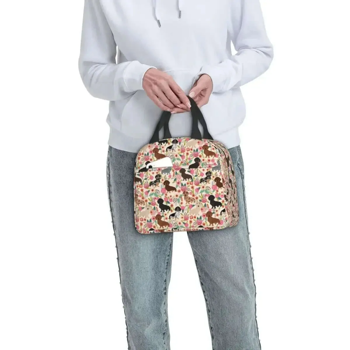 Dachshund Floral Dog Pattern Insulated Lunch Bag