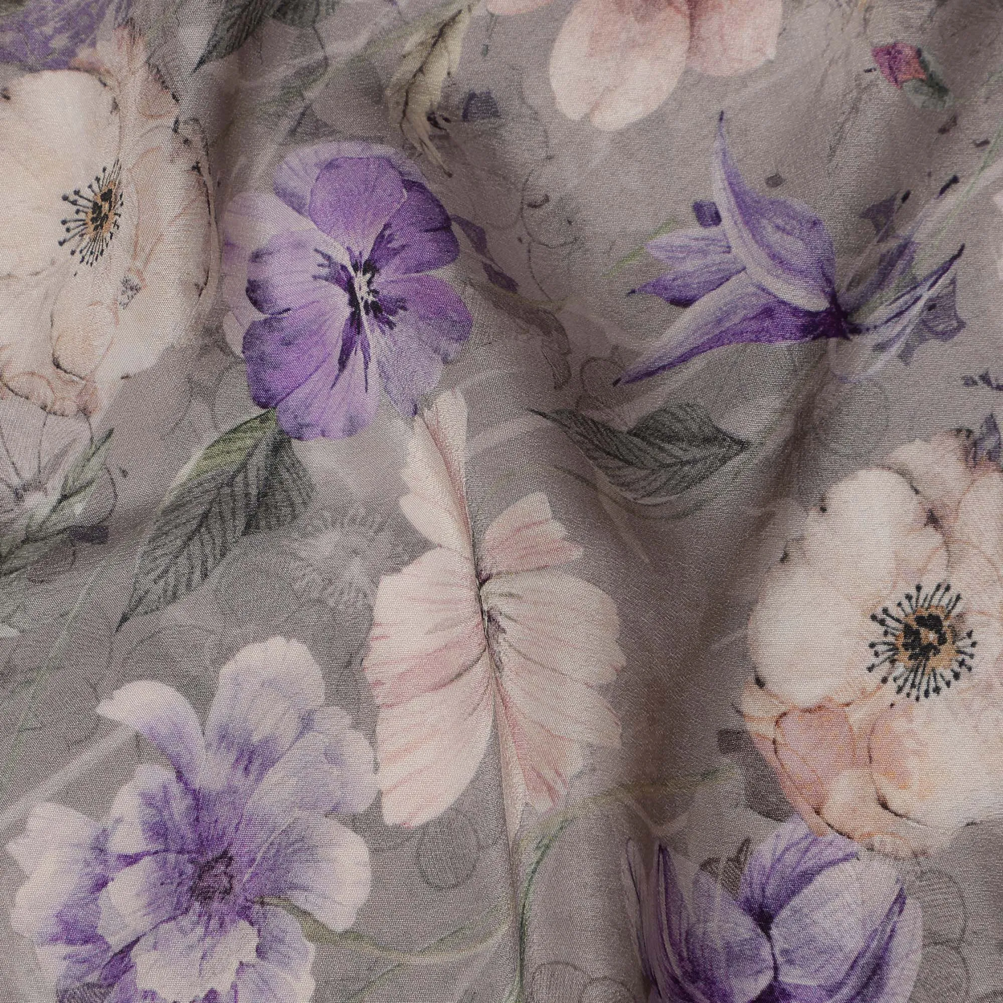 Grey Viscose Digital Printed Fabric with Floral Design, 110 cm Width-D21322