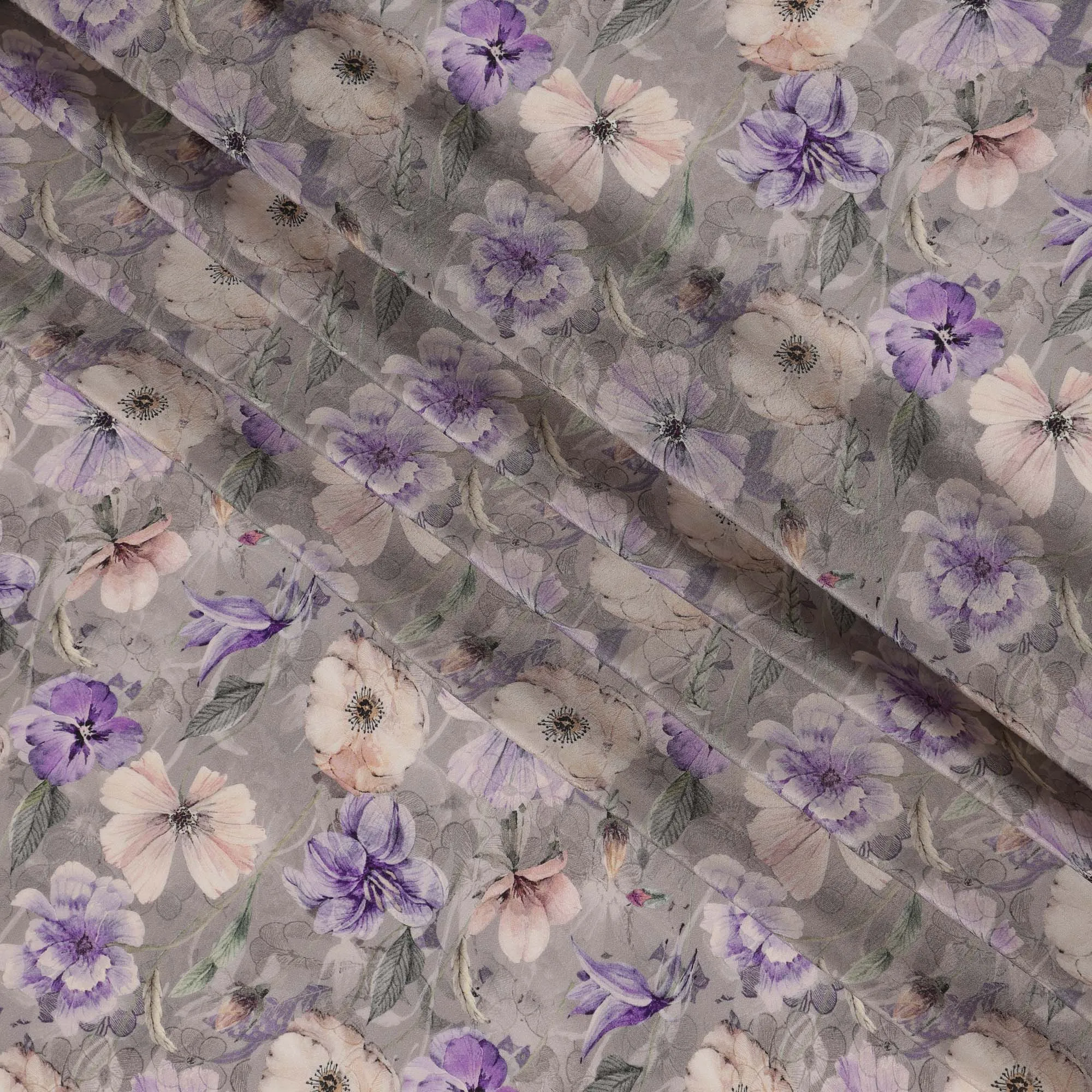 Grey Viscose Digital Printed Fabric with Floral Design, 110 cm Width-D21322