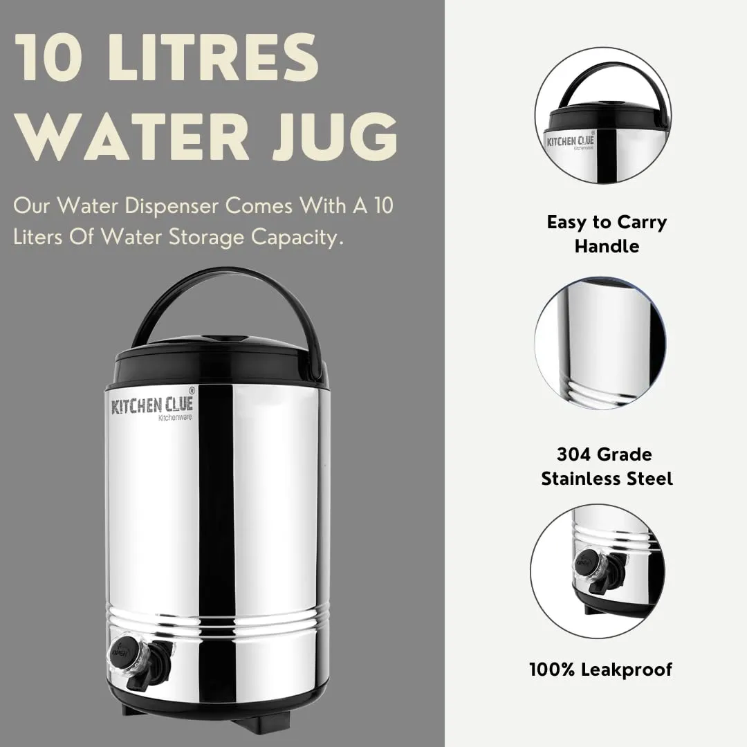 KITCHEN CLUE 100% Food Safe Stainless Steel Water Dispenser for Office Home Kitchen, Hot and Cold Water Jug 10 Liters, Silver, Double Walled PUF Insulated Vaccum Thermos/Hot Tea Flask for Winters