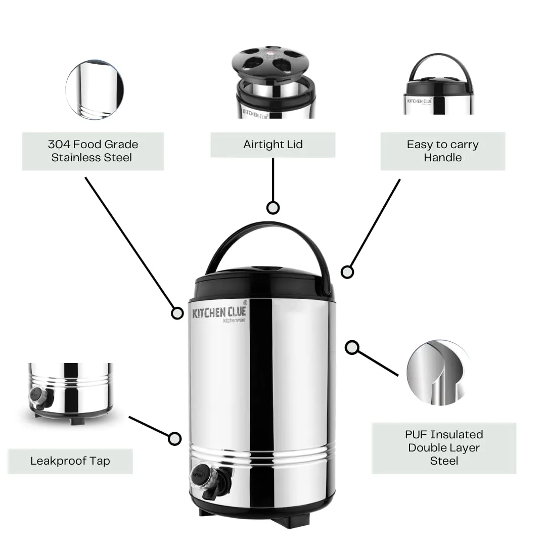 KITCHEN CLUE 100% Food Safe Stainless Steel Water Dispenser for Office Home Kitchen, Hot and Cold Water Jug 10 Liters, Silver, Double Walled PUF Insulated Vaccum Thermos/Hot Tea Flask for Winters