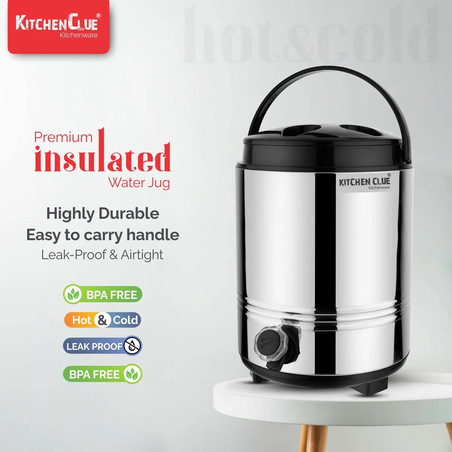 KITCHEN CLUE 100% Food Safe Stainless Steel Water Dispenser for Office Home Kitchen, Hot and Cold Water Jug 10 Liters, Silver, Double Walled PUF Insulated Vaccum Thermos/Hot Tea Flask for Winters