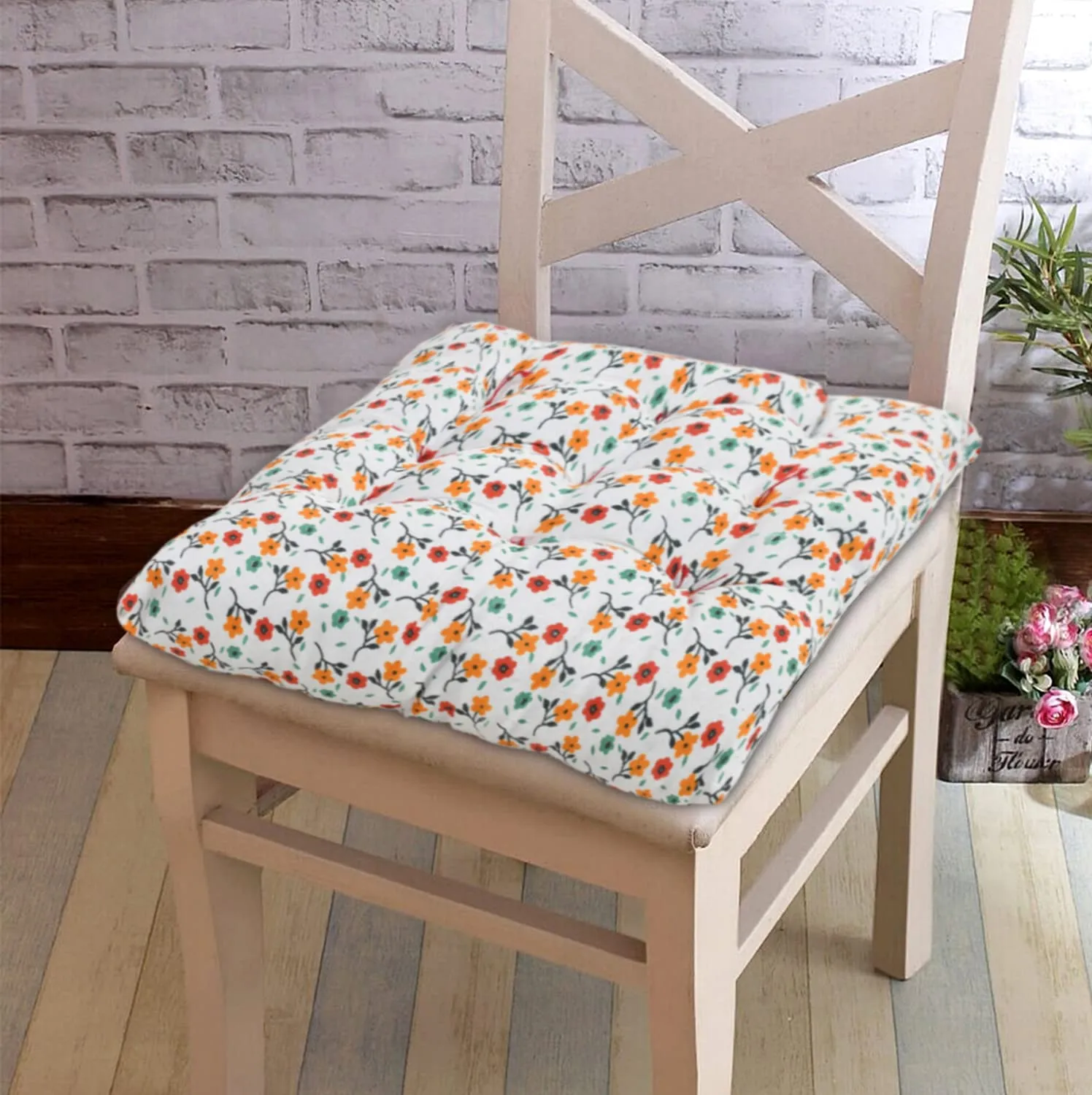 Kuber Industries Flower Printed Microfiber Square Chair Pad Seat Cushion for Rocking Chair, Office Chair, Dinning Chair, Indoor/Outdoor with Ties Pack of 2 (White)