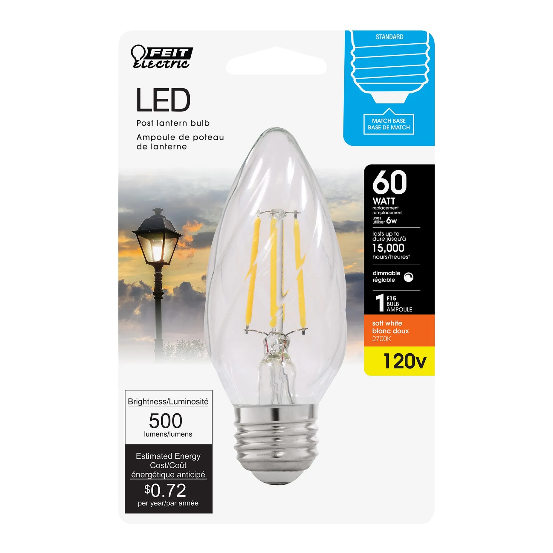 LED Light Bulb, 60Watt, F15 , E26, Glass Filament, Post Lantern Bulb, 500 Lumens