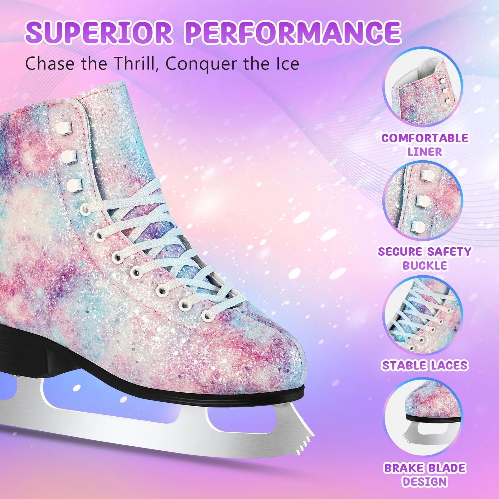 LEVYTEMP Women's/Girls Figure Ice Skates - Youth Purple Glitter Figure Skating Shoes with Two Insoles - Comfortable, Safe Indoor Outdoor Rink Size US 5