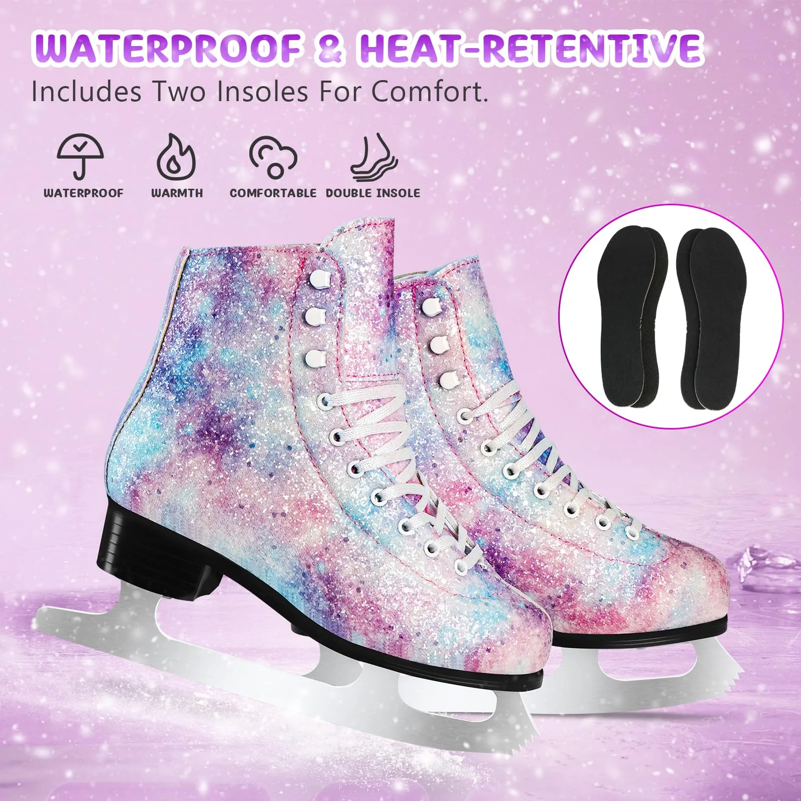 LEVYTEMP Women's/Girls Figure Ice Skates - Youth Purple Glitter Figure Skating Shoes with Two Insoles - Comfortable, Safe Indoor Outdoor Rink Size US 5