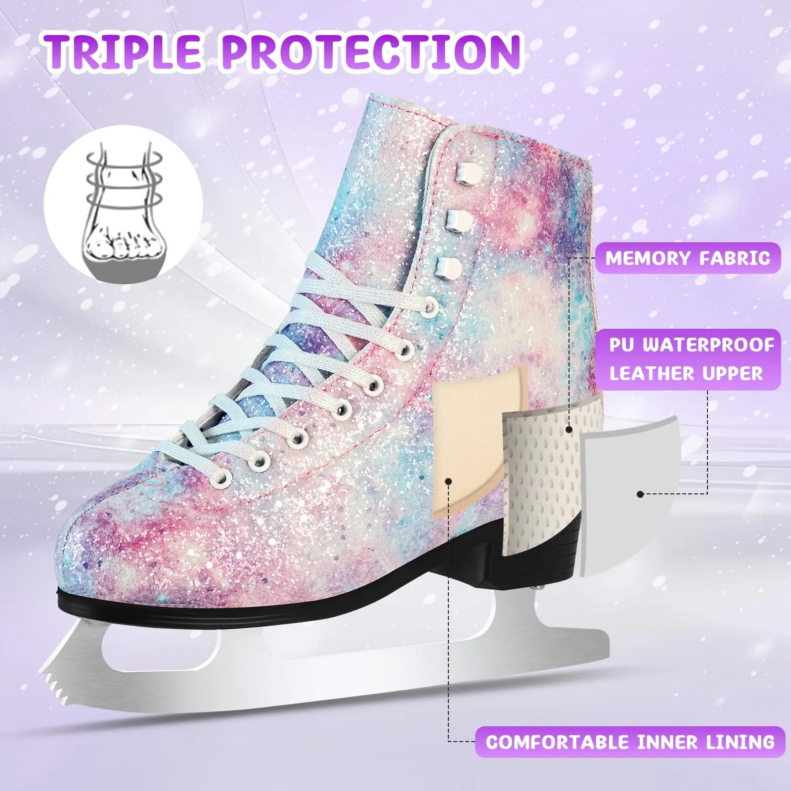 LEVYTEMP Women's/Girls Figure Ice Skates - Youth Purple Glitter Figure Skating Shoes with Two Insoles - Comfortable, Safe Indoor Outdoor Rink Size US 5