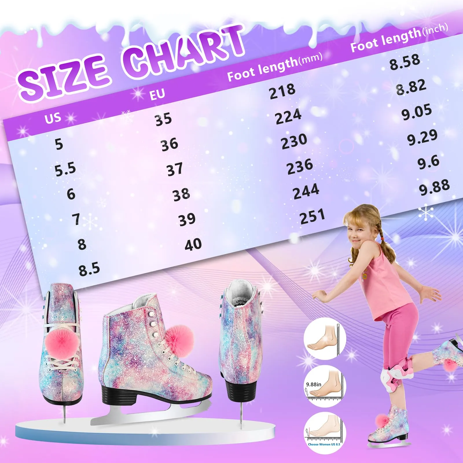 LEVYTEMP Women's/Girls Figure Ice Skates - Youth Purple Glitter Figure Skating Shoes with Two Insoles - Comfortable, Safe Indoor Outdoor Rink Size US 5