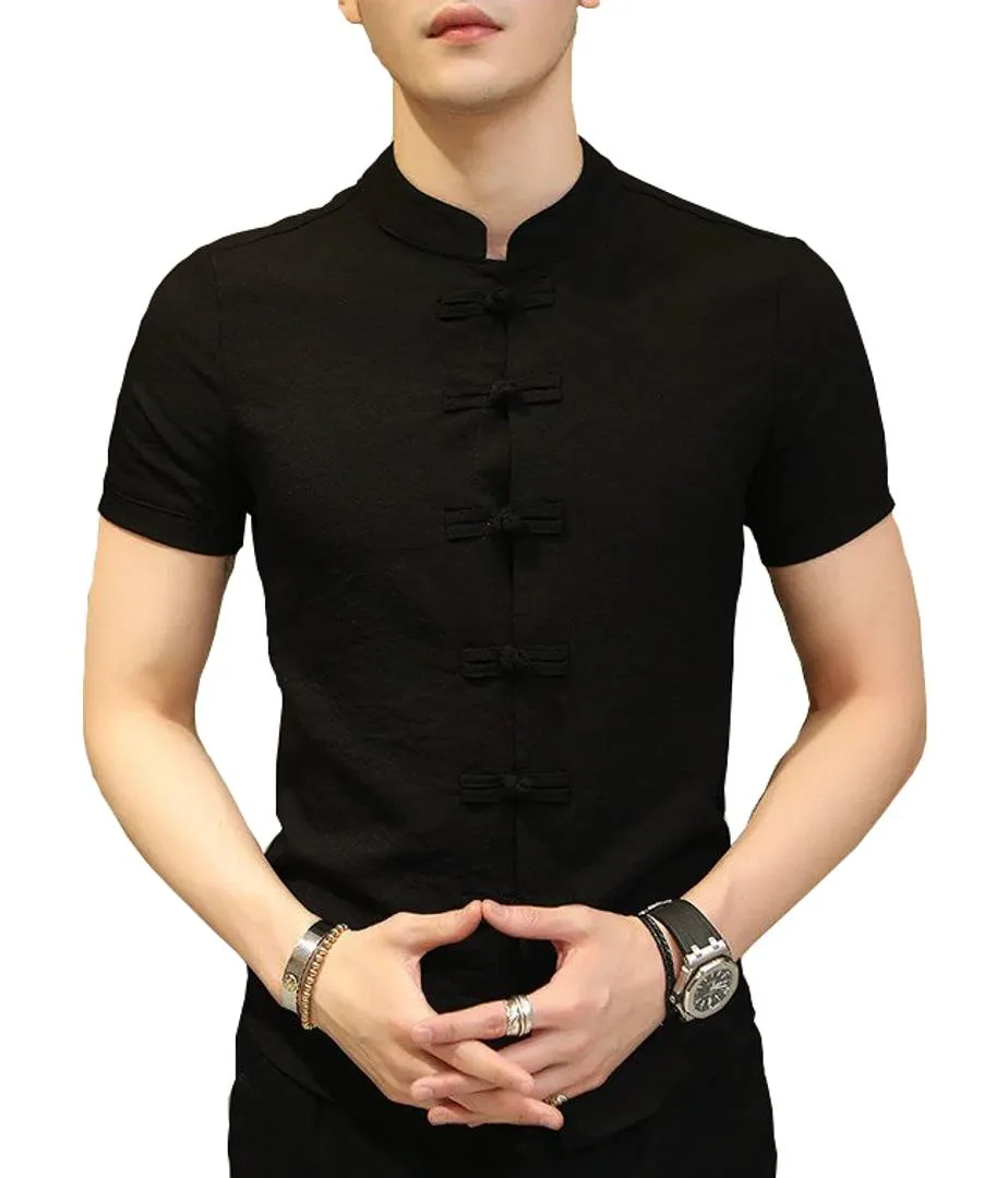 Men's Black Cotton Solid Short Sleeves Slim Fit Casual Shirt