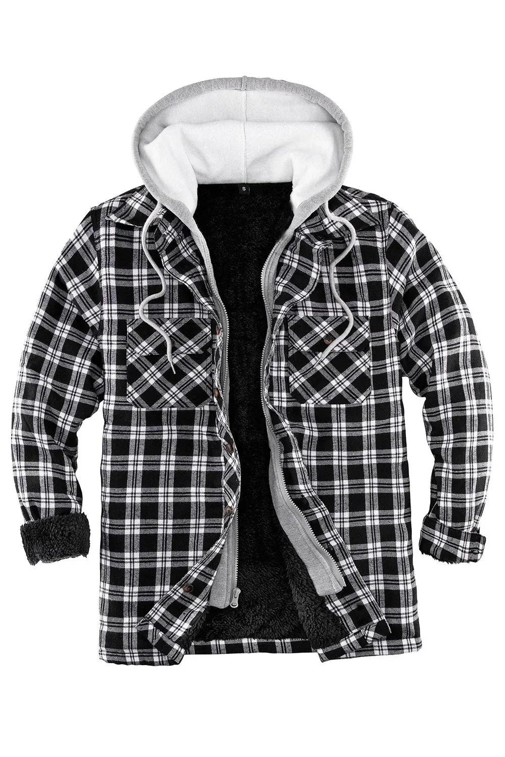 Men's Fuzzy Sherpa Lined Zip Up Plaid Flannel Shirt Jacket with Hood