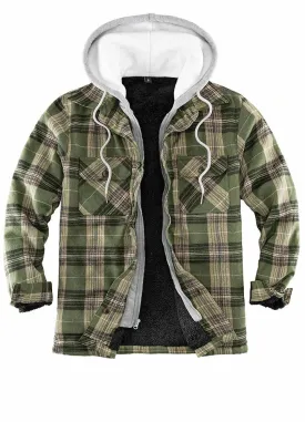 Men's Fuzzy Sherpa Lined Zip Up Plaid Flannel Shirt Jacket with Hood