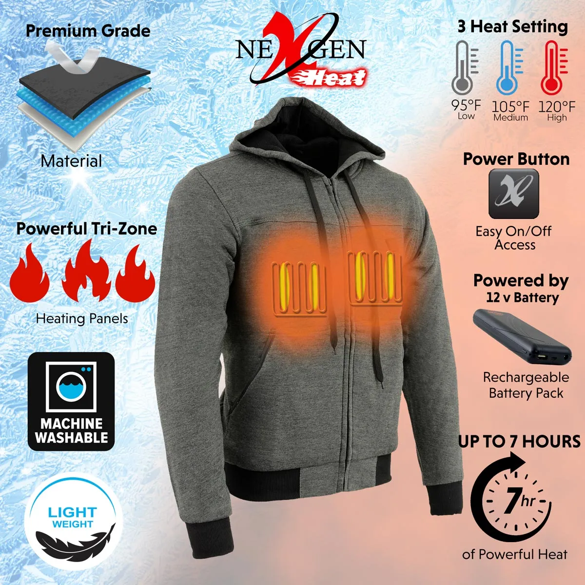 Nexgen Heat MPM1713SET12v Men's Grey 'Heated' Front Zipper Hoodie Jacket for Outdoor Activities w/ Battery Pack