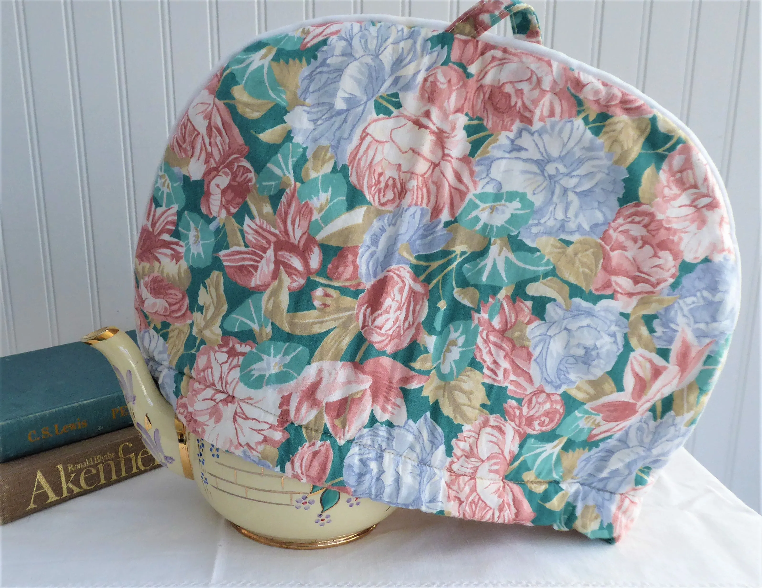 Padded Tea Cozy Teal Coral Blue Floral Large England 1970s