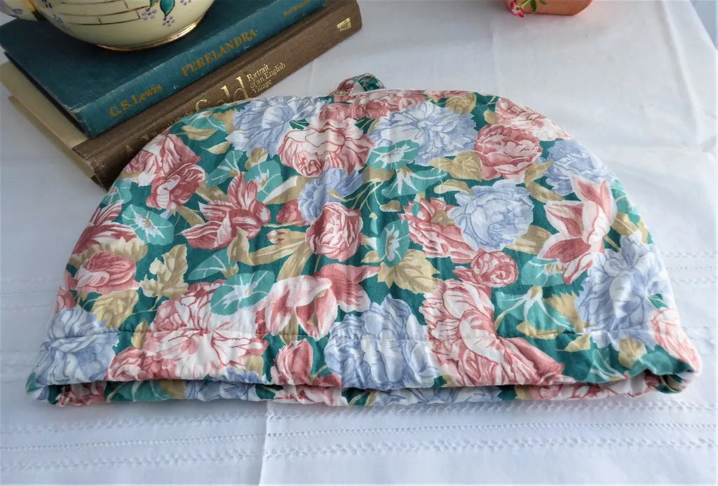 Padded Tea Cozy Teal Coral Blue Floral Large England 1970s