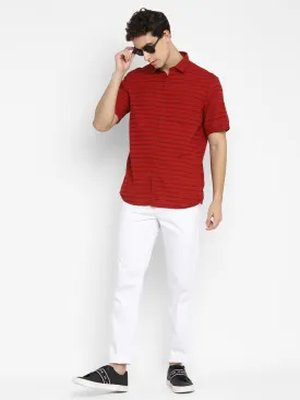 Red Cotton Striped Slim Fit Shirt