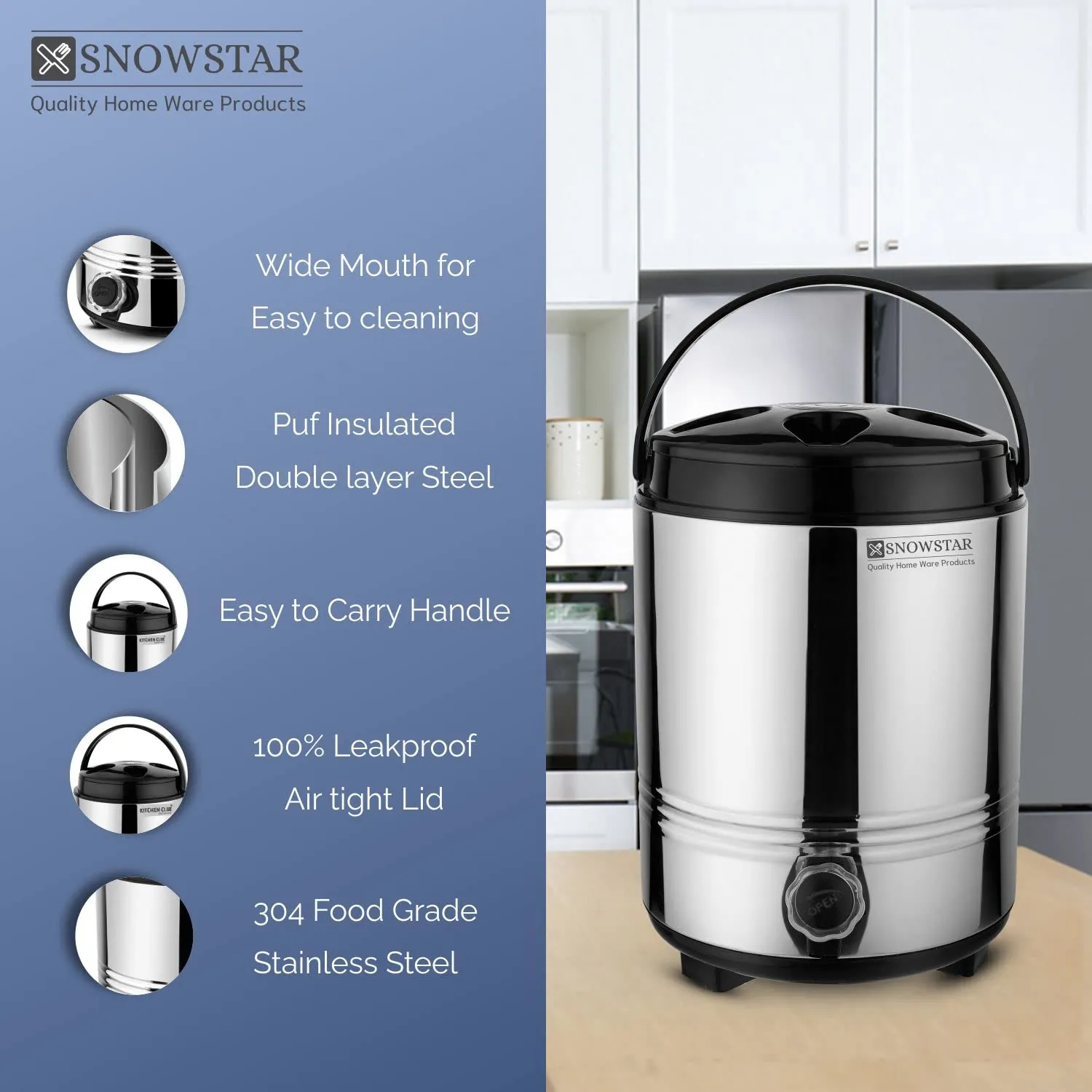 Snowstar Stainless Steel Hot and Cold Water Jug 10 Liters, Silver - Aqua 14 Model - PUF Insulated Steel Body - Keeps Beverages Hot and Cold & Fresh for Long hrs - Highly Durable - Water Dispenser