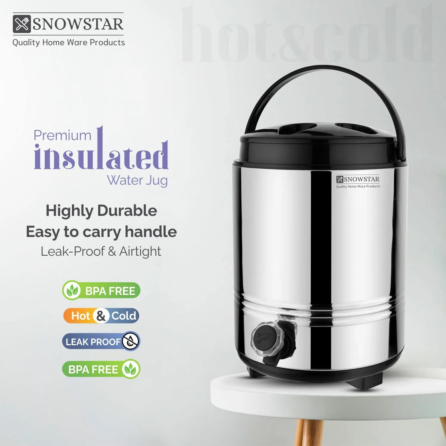 Snowstar Stainless Steel Hot and Cold Water Jug 10 Liters, Silver - Aqua 14 Model - PUF Insulated Steel Body - Keeps Beverages Hot and Cold & Fresh for Long hrs - Highly Durable - Water Dispenser