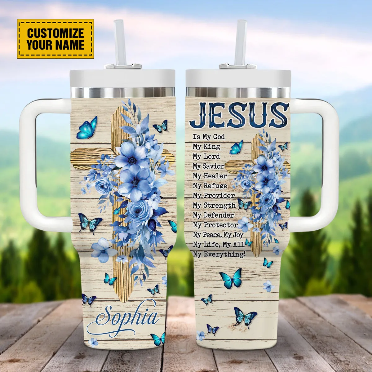 Teesdily | Customized Jesus Cross Floral Tumbler With Handle, Jesus Is King Personalized Cups, Inspirational Gifts For Women, Christian Gifts