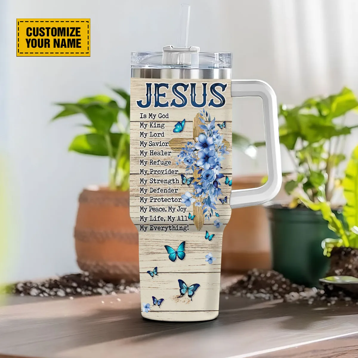 Teesdily | Customized Jesus Cross Floral Tumbler With Handle, Jesus Is King Personalized Cups, Inspirational Gifts For Women, Christian Gifts