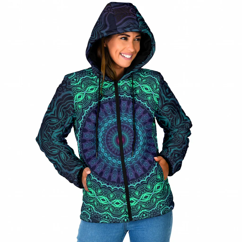 Trippy Mandala Womens Padded Hooded Jacket | Cameron Gray