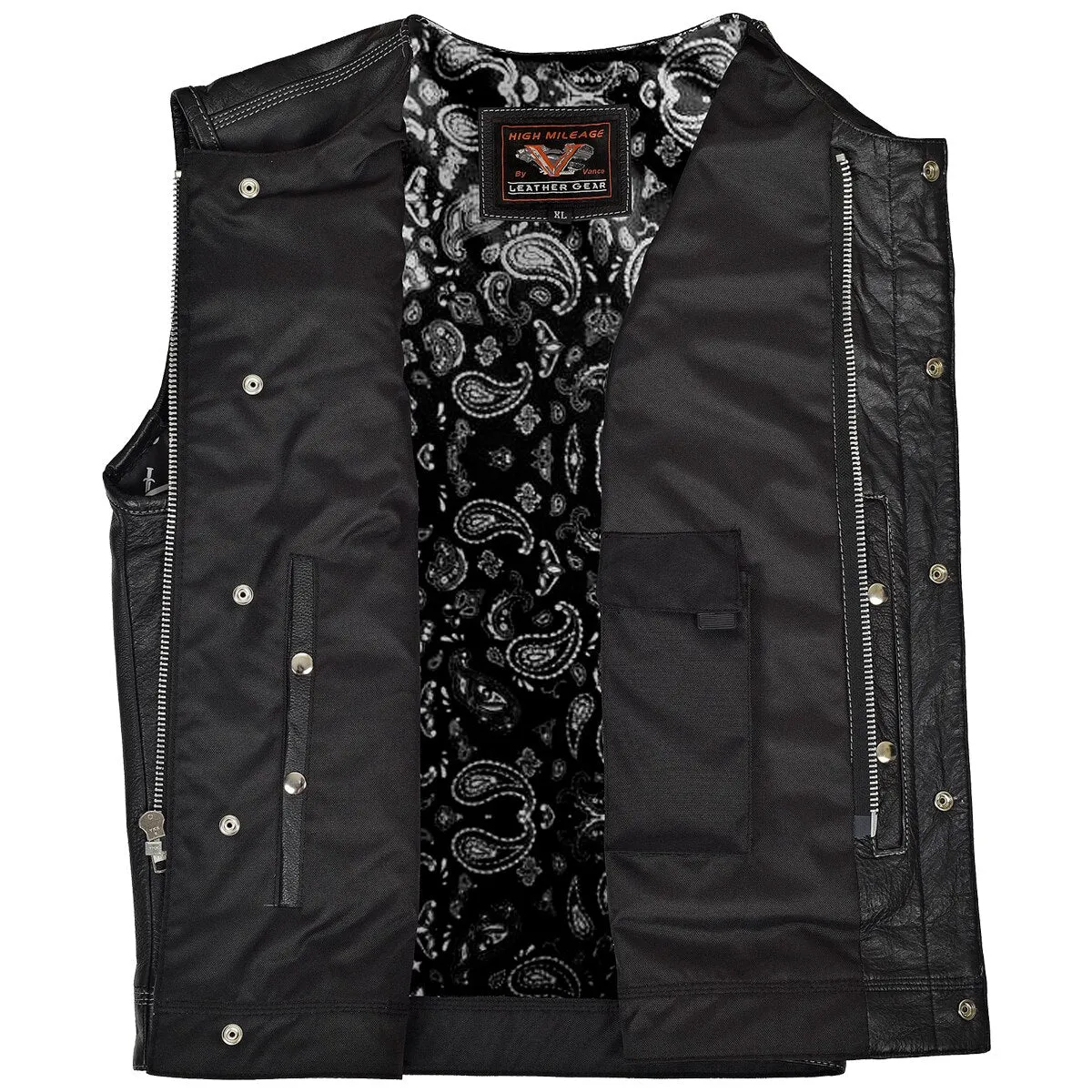 VL919BP Men's Zipper and Snap Closure Leather Club Vest Quick Access Gun Pocket w/ Paisley Liner